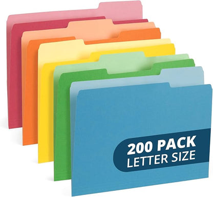 200 Blue Summit Supplies Colorful File Folders with Tabs, Multi Colored File Folders Letter Size, 1/3 Cut Tabs, Assorted Colors, Durable 11pt Paper, Bulk 200 Pack