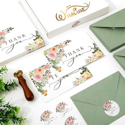 Whaline 50 Pack Floral Thank You Cards Boxed Watercolor Flower with Green Leaves Blank Note Cards with Envelopes Stickers Greeting Cards for Spring Wedding Birthday