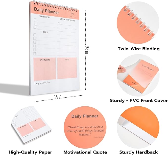 Daily Planner Notebook, To Do List Notepad, Spiral Notebook, Undated-52 Sheets-6.5" x 9.8" Checklist, Notebooks for Work, Personal Organizer Notepad, Daily Task Notebook (Orange)