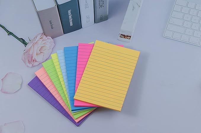 (8 Pads) Lined Sticky Notes 4x6 in Post, 8 Colors Self Sticky Notes Pad Its, Bright Post Stickies Colorful Big Rectangular Sticky Notes for Office, Home, School, Meeting, 40 Sheets/pad