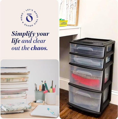 HOMZ 4-Drawer Plastic Storage Cart Organizer with Removable Wheels, Black Frame