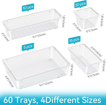 60 PCS Drawer Organizer Set, 4 Sizes Clear Plastic Makeup Vanity Organizer, Multi-Purpose Storage Bins for Makeup, Stationery, Gadgets, Kitchen, Bathroom, Office, Bedroom