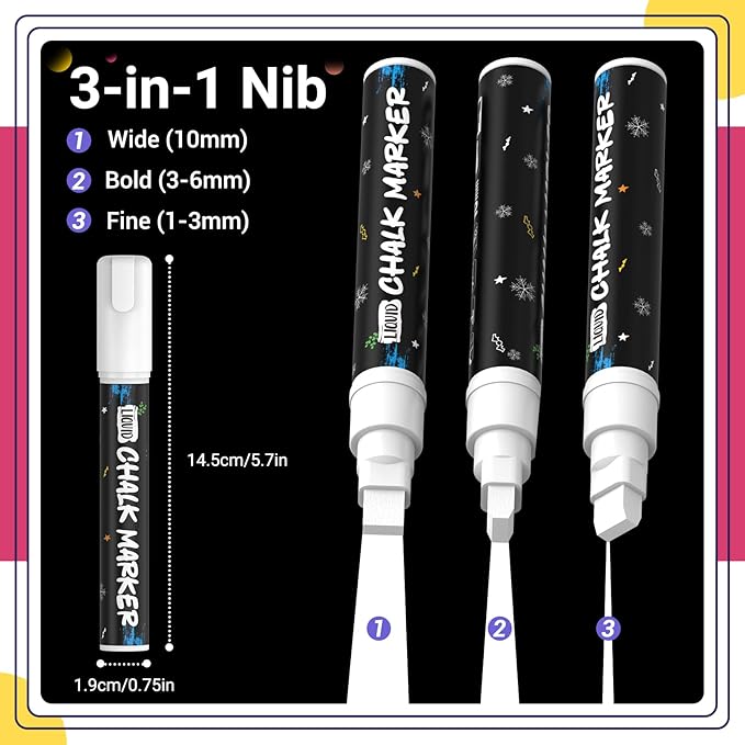 KERIFI Car Window Markers for Glass Washable, 10mm Jumbo White Liquid Chalk Markers for Holiday Wedding Decorations, Dry & Wet Erasable Bold Chalk Paint Pens for Chalkboard Blackboard Mirror, 3 Count