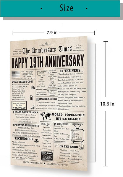 Funny 19 Years Anniversary Card for Her Him, Sweet 19th Wedding Anniversary Card for Husband Wife Couple, Large 19th Anniversary Cards for Parents