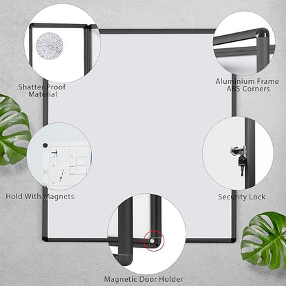 SWANCROWN Enclosed Bulletin Board Black Frame Enclosed Display Case,with Magnets,for School Message Notice, 38x38inch (12xA4)