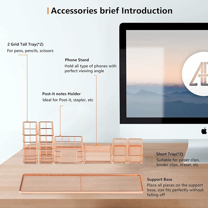 Rose Gold Desk Organizer, Office Desk Accessories with Pen Holder for desk, Desktop Organization with Phone Holder, Sticky Note Tray, Paperclip Storage and Caddy for Office Home School