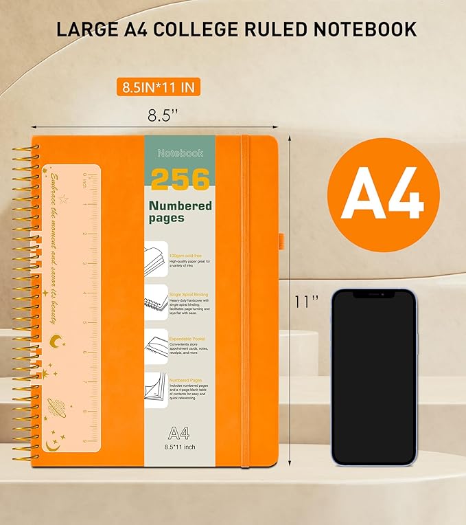 A4 Spiral Notebook Journal 8.5” x 11”, 256 Numbered Pages Hardcover Leather Journals for Women Men, Large Lined College Ruled Notebooks, 100GSM Thick Paper, Spiral Bound Journal for Work School Orange