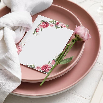 PerKoop 50 Pcs Blank Note Cards Decorative Notecards 4x6in Greenery Floral Notecards Printer Paper Cardstock Cards for Wedding Office DIY Drawing Thank Greeting Supplies(Rose)