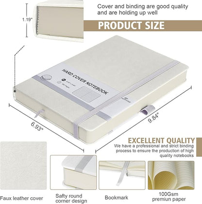 Lined Journal Notebook, 1 Pack (White), 360 Pages, 9.8 inches x 6.9 inches - 100 gsm Thick Paper, Hardcover