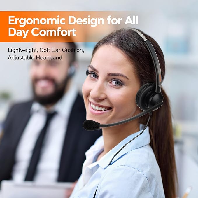 One Ear Wired Office Headset | Single Ear RJ9/RJ11 Call Center Telephone Headset | Noise-Cancelling Mic | Compatible with Landline/IP Phones - Yealink, Sangoma, Grandstream, Akuvox, Escene