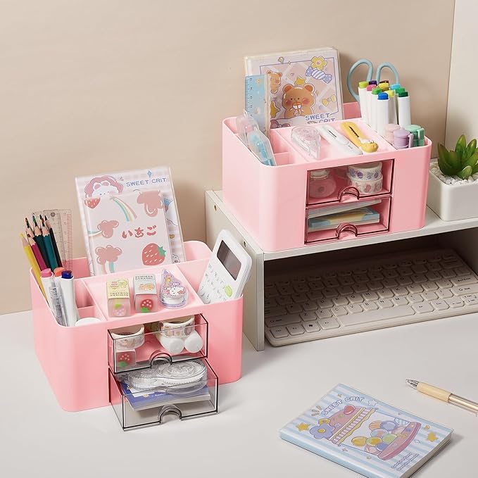 Pen Holder with Drawer, Office Desk Pen Organizer Multi-Functional Pencil Cup Makeup Brush Holder Cup Storage Office Business Card Pen Pencil Mobile Phone Stationery Holder Storage Box Pink