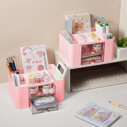 Pen Holder with Drawer, Office Desk Pen Organizer Multi-Functional Pencil Cup Makeup Brush Holder Cup Storage Office Business Card Pen Pencil Mobile Phone Stationery Holder Storage Box Pink