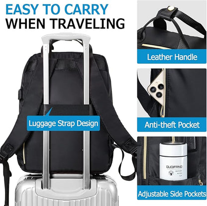 Black Backpack for Women, School Backpack for Teen Girls, 15.6 Inch Quilted Backpack Purse with USB Port, Work Business Teacher Student Computer Bag, College Bookbags Casual Daypacks, Black