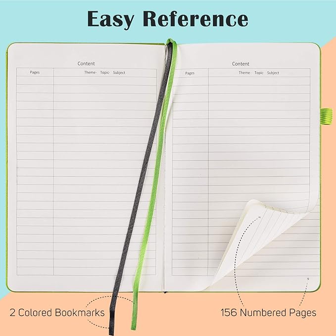 MALEDEN 7 Pack Lined Journal Notebook, Hardcover PU Leather Notebook for Men Women, 100 GSM Thick Numbered Pages with Index Content, Inner Pockets, Bookmarks, A5 Ruled Writing Journal Bulk (Green)