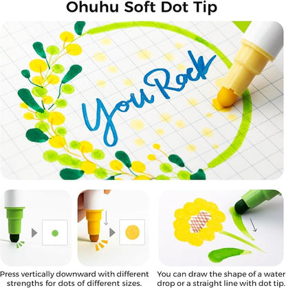Ohuhu Journal Pens 24 Colors Dot Markers Pens Dual Tips (Calligraphy Brush & Dot) for Adults Water-based Metallic & Regular Colors Dot Pens for Lettering Journal Scrapbooking Coloring Markers - Kumimi