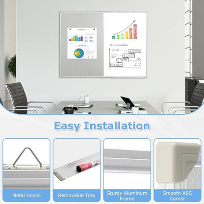 DOLLAR BOSS Foldable Linen Cork Board White Board Combo 48 x 36 in Extra Large Magnetic Whiteboard Dry Erase Bulletin Board Portable Double Sided Aluminum Frame Pin Board for School Office, Grey