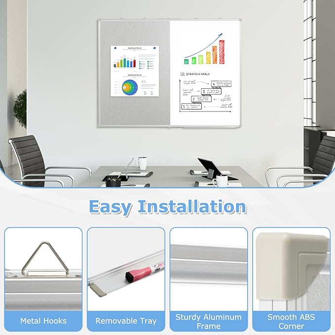 DOLLAR BOSS Foldable Linen Cork Board White Board Combo 60 x 40 in Extra Large Magnetic Whiteboard Dry Erase Bulletin Board Portable Double Sided Aluminum Frame Pin Board for School Office, Grey