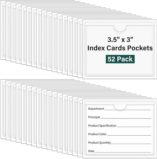 52 Pack Index Card Pockets with Top Open, 3.5 x 3 Inch Adhesive Label Pockets Clear Plastic Index Card Holder for Organizing, Storage Bins, Library Cards, Notes