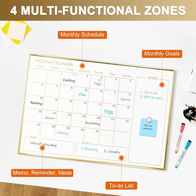 Magnetic Dry Erase Calendar Board for Wall - 36'' x 24'' Monthly Calendar Whiteboard - Gold Aluminum Frame