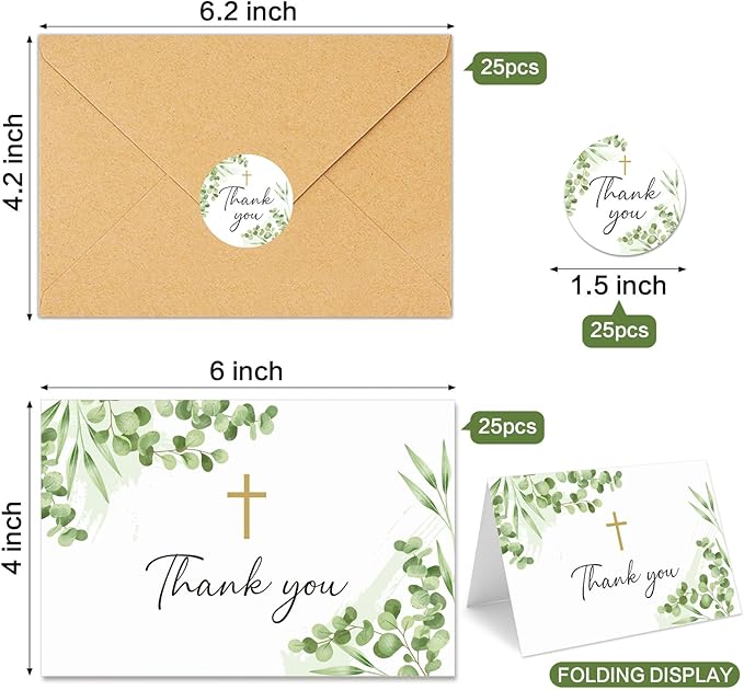 25 Pack Thank You Cards with Envelope & Stickers, 4 * 6in Watercolor Greenery Cross Blank Inside Thank You Card for Bulk Baptism, Wedding, Bridal Shower, Baby Shower, Communion, Funeral
