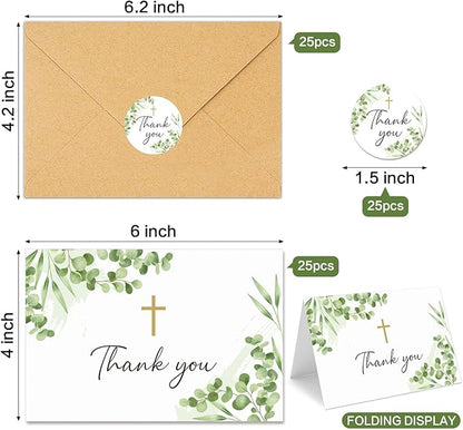 25 Pack Thank You Cards with Envelope & Stickers, 4 * 6in Watercolor Greenery Cross Blank Inside Thank You Card for Bulk Baptism, Wedding, Bridal Shower, Baby Shower, Communion, Funeral