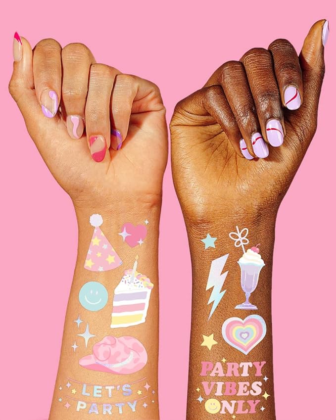 xo, Fetti Pastel Rainbow Temporary Tattoos - 50 Iridescent Foil Styles | Preppy Birthday Party Supplies, Smiley Party Favors, Party Vibes Only