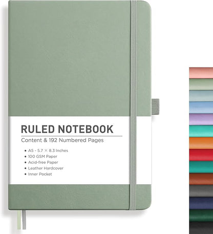 RETTACY Journaling Notebooks, A5 Lined Journal Notebook with 192 Numbered Pages, 5.7'' × 8.3'' Medium Size, for Writing, Work, Office, Leather Hardcover, 100 GSM Thick Paper (Sage Green)