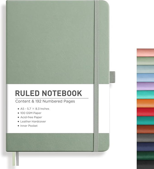 RETTACY Journaling Notebooks, A5 Lined Journal Notebook with 192 Numbered Pages, 5.7'' × 8.3'' Medium Size, for Writing, Work, Office, Leather Hardcover, 100 GSM Thick Paper (Sage Green)