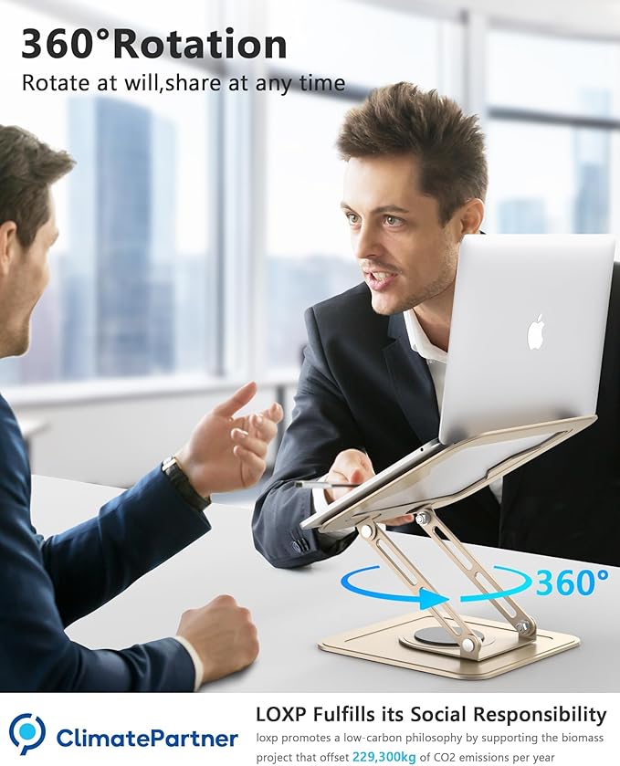 Laptop Stand for Desk,Adjustable Computer Stand with 360 Rotating Base,Ergonomic Laptop Riser Foldable Laptop Mount Protable Computer Stand for Laptop Compatible with MacBook Pro/Air 10-16",Gold