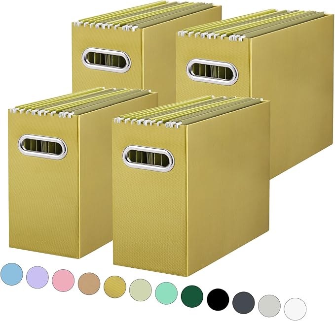 Oterri File Organizer, Small Storage Box, Cardboard File Folder Organizer, Collapsible File Box, Hanging File Organizer for Letter Size, Portable File Box with Handle, Only Box (Olive,4 Packs)