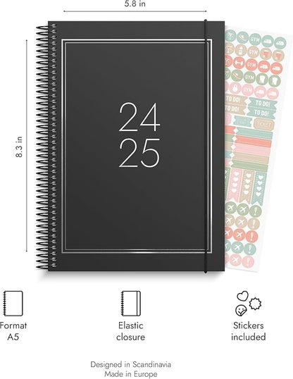 Doodle Academic Planner 2024-2025 | July 2024 - August 2025 | Weekly & Monthly Planner | Space for Creativity | Planner stickers included | Black cover | 120gsm paper