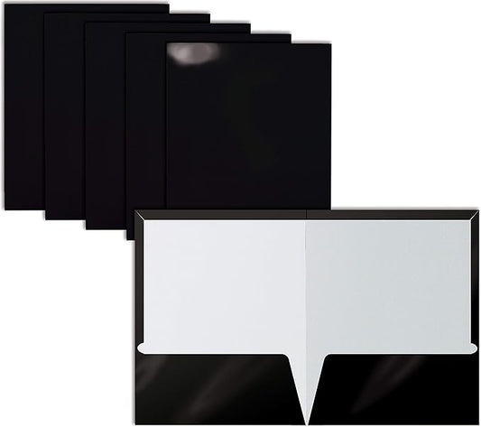 Better Office Products 2-Pocket Glossy Laminated Paper Folders, Letter Size, Black Portfolios Box of 25