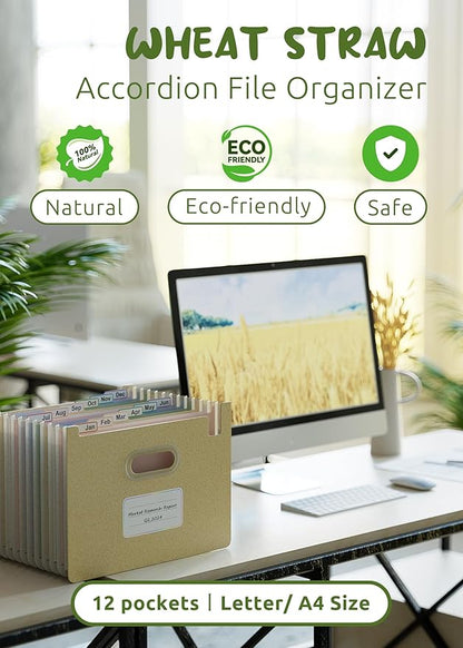 Accordion File Organizer, 12 Pockets Wheat Straw Expanding File Folders, Upright&Open Top, Monthly Bill Receipt Organizer, 100% BPA Free, Return to Nature, Healthy Living, Letter/A4 Size-Wheat Yellow