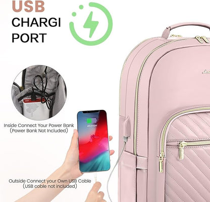 LOVEVOOK Leather Backpack for Women,15.6 inch Leather Laptop Backpack Women Computer Backpack Laptop Bag,Stylish Quilted Travel Backpack Purse Work Bag College Teacher Backpack with USB Port,Rose Pink