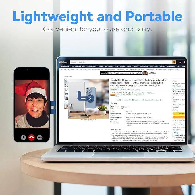 CloudValley Magnetic Phone Holder for Laptop Designed for iPhone 16/15/14/13/12 MagSafe, Adjustable Phone Monitor Side Mount, Slim Portable Foldable Computer Expansion Bracket, Navy Blue…