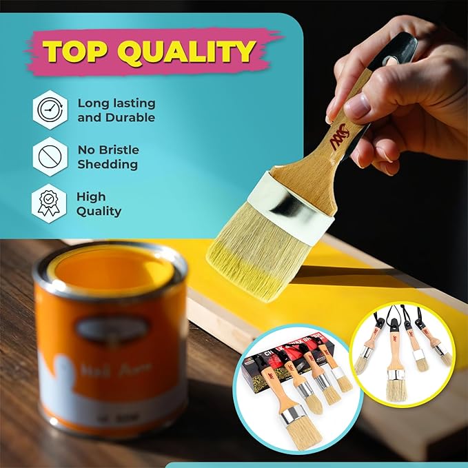 Chalk Wax Paint Brush 4PCs Set Including 3 Small for Furniture Painting and 1 Large Bristle Paint Brushes Set Compatible with Annie Sloan Paint, Fusion Mineral Paint