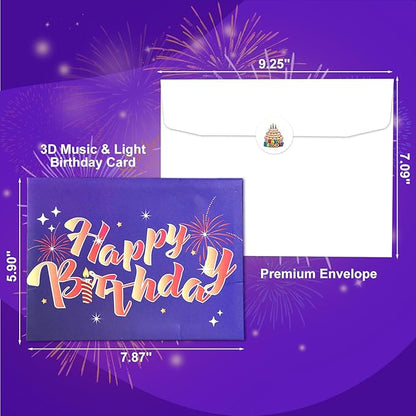 Musical Birthday Card, Pop up 3D LIGHTS & SOUND Firework Happy Birthday Decorations Greeting Cards for Women With Envelopes Purple