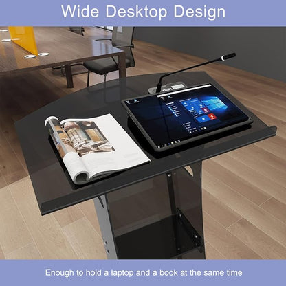 Acrylic Podium Stand with Storage Shelf,Segmented Black Lecterns & Podiums,Pulpits for Churches、Conference、Speeches、Weddings、Classroom、Concert,43" H Professional Presentation Podiums
