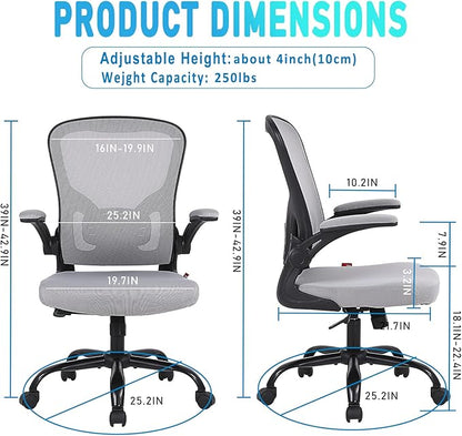 Flysky Ergonomic Office Desk Chair Breathable Mesh Swivel Computer Chair, Lumbar Back Support Task Chair, Grey Office Chairs with Flip-up Arms, Adjustable Height Executive Rolling Chair