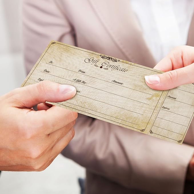 Sinmoe 50 Sets Gift Certificate for Business with 50 Pcs Envelopes Blank Gift Certificate Cards with Name and Address Rustic for Beauty Salon Restaurants Birthday(5.91 x 3.94 Inch, Vintage Style)