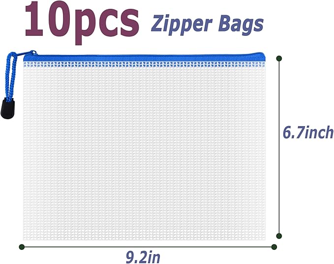 AUSTARK 10 Pcs Zipper File Bags, Waterproof Plastic Mesh Pouch for Office School, Board Game Storage Bags (A5 Size 9.2''x6.7'', White and Blue)