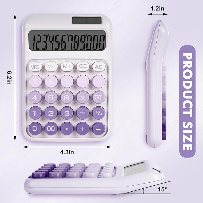 Mechanical Switch Calculator with Big Buttons, Calculators Desktop, 12 Digits, Solar Battery Power, Desk Calculator, Large LCD Display,Cute Purple Calculator for Teachers Students Basic Office