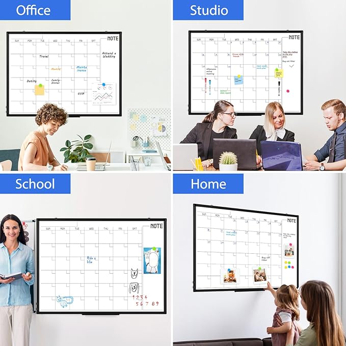 WALGLASS Dry Erase Calendar Whiteboard, 48" x 36" Monthly Large Dry Erase Calendar for Wall, Double-Sided Hanging Calendar White Board with Black Aluminum Frame for Home, School, Office, Kitchen