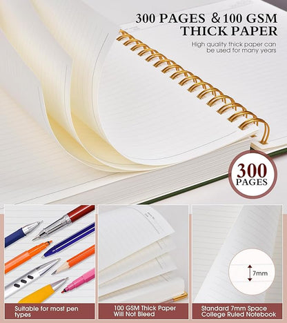 Spiral Notebook Journal 8.5” x 11”, 300 Pages Hardcover Leather Lined Journals for Women Men, A4 Large College Ruled Notebooks with 100 GSM Thick Paper, Spiral Journal for Writing Work, Olive Green