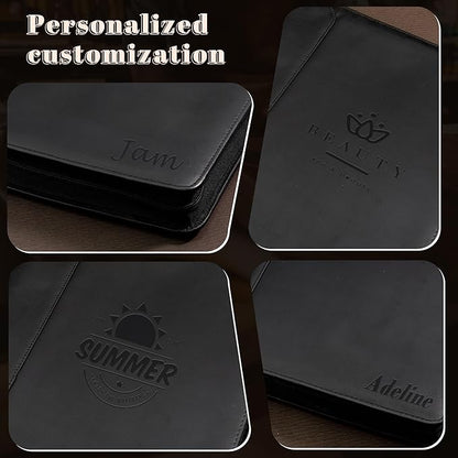 Free Engraved Name, Custom Portfolio, Genuine Leather Personalized Padfolio for Men, Engraved 3 Ring Binder Organizer, Business Portfolio with A4 Writing Pad, Handmade Customized Gifts, Black