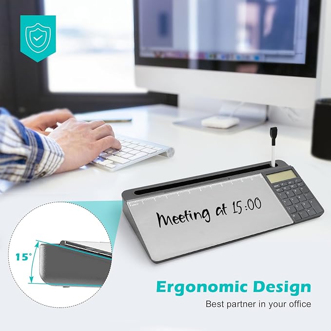 Desktop Glass Whiteboard with Calculator(12 Digit LCD Display) & Ruler Marker,Tilted Notepad Computer Keyboard Stand with Dry Erase Board Surface, Desk Organizers with Accessories,Gray