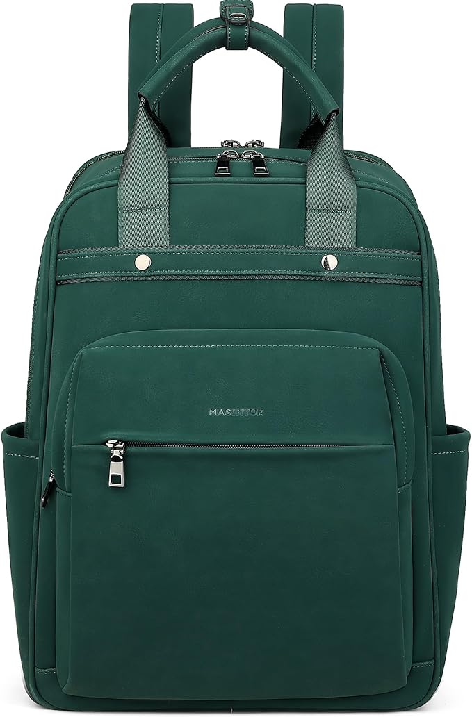 MASINTOR Leather Laptop Backpack for Women, Stylish Computer Backpack College Business Work Shoulder Bags Work and Travel Retro Green