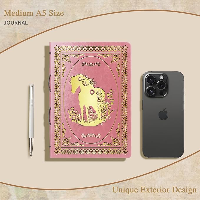 Pink A5 Horse Gifts for Women Girls Faux Leather Vintage Notebook Inspirational Horse Trainer Gift Hardcover Executive Notebook,200 Pages 120 Gsm Thick Ruled Paper With Pen,Horse Lover Gifts Equestrian Gift (Horse Pink)