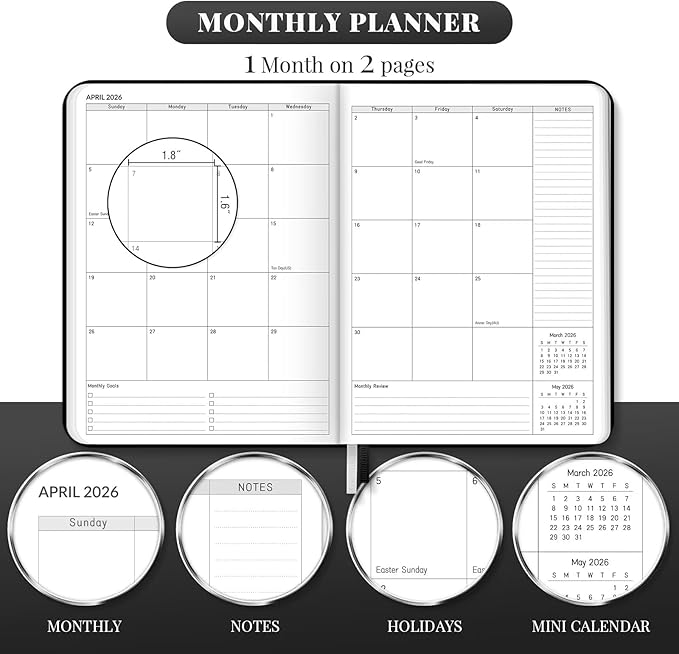 2026 Planner, Large Weekly and Monthly Planners, A4 Faux Leather Daily Calendar 2026 Planner, 12 Month Agenda from Jan. to Dec., Hardcover Habit Tracker Journal(Black)