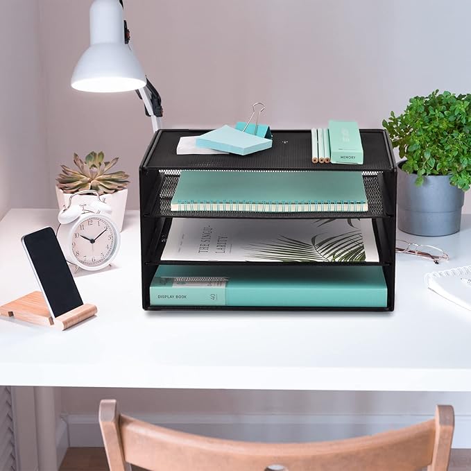 EASEPRES Paper Organizer Tray, 3 Tier Mesh Desk File Organizer Letter Sorter Holder for Home Office, Black
